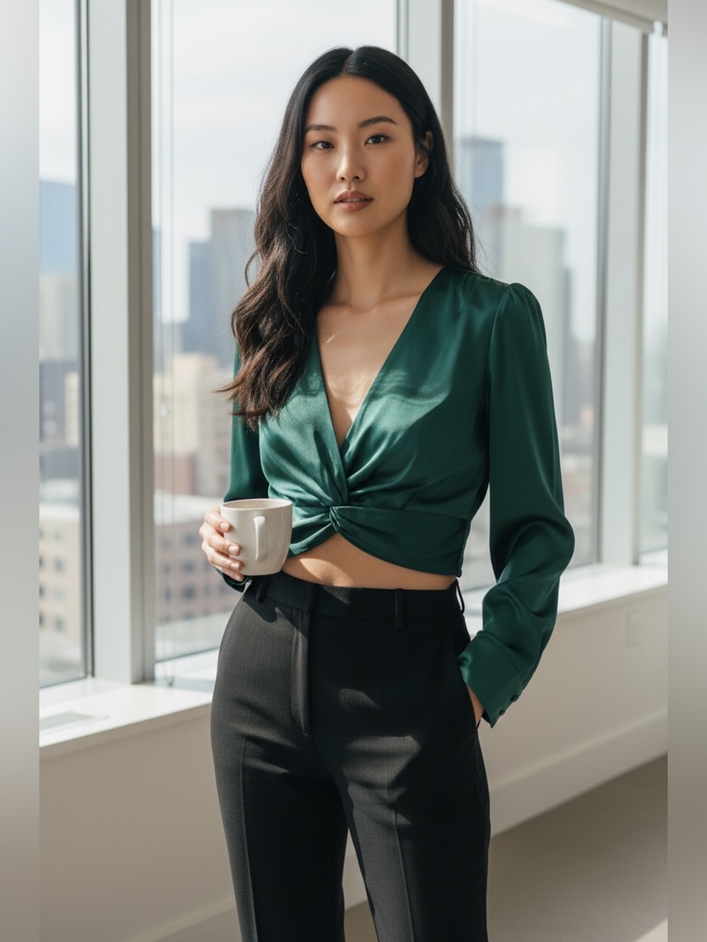 Emerald Twist-Front Satin Blouse